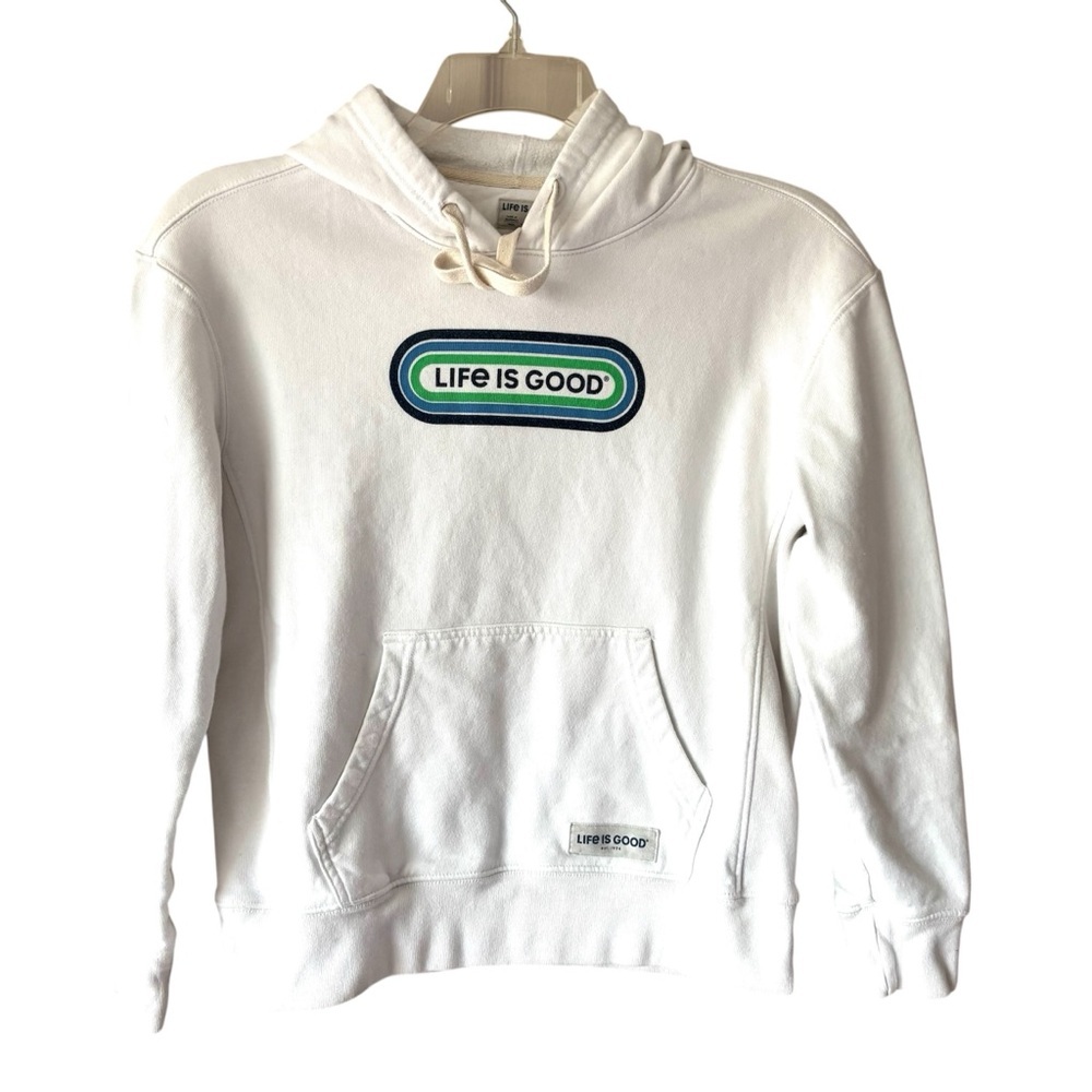Life Is Good White Hoodie Blue and Green Logo SZ S Gently Worn